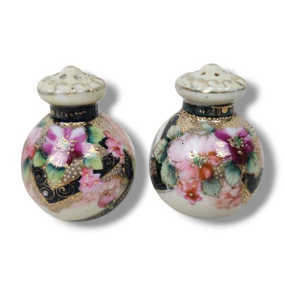 Victorian Salt & Pepper Shaker Set Moriage Floral Rose Gilt Muffineer Pink Black - Picture 1 of 11